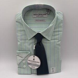 Nick Graham‎ Stretch Fabric Shirt & Tie Set Mens Sz M/L 15.5 34-35 Green Plaid
